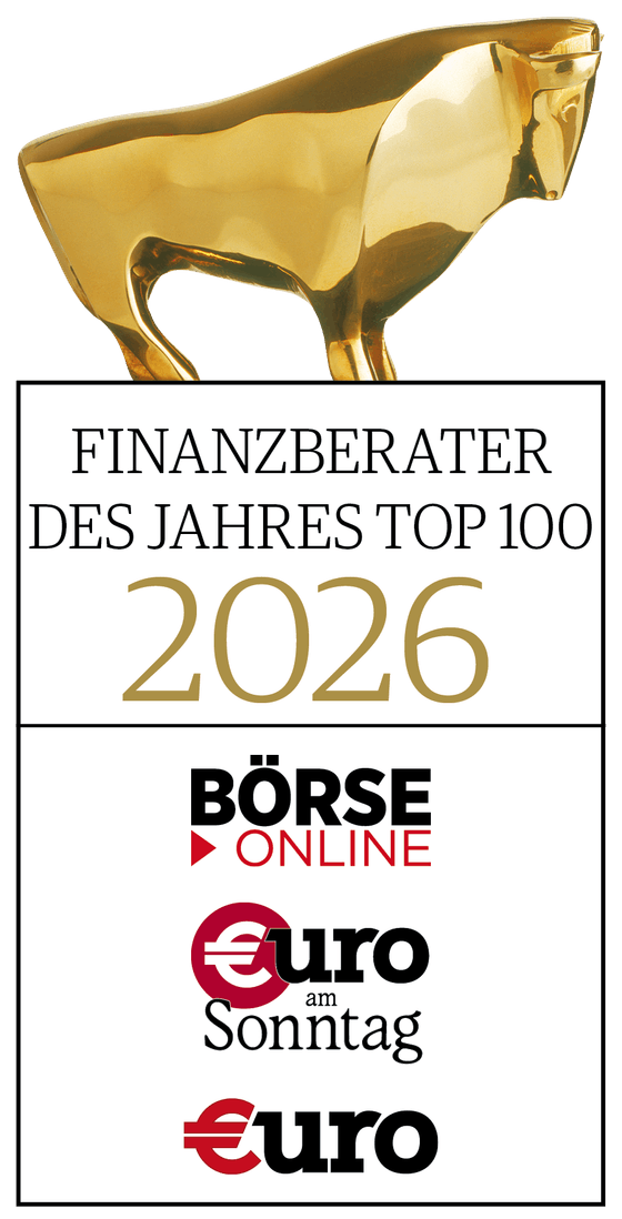 Siegel „Finanzberater des Jahres – Top 100, 2026“ mit den Logos von Börse Online, €uro am Sonntag und €uro